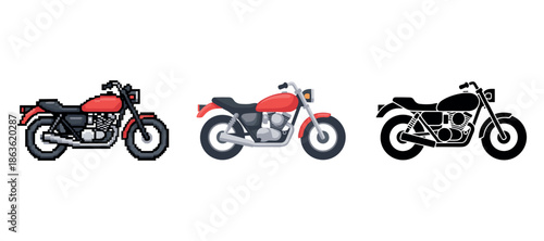 Diverse red motorcycles in pixel, flat, and silhouette styles