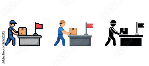 Pixel, cartoon, silhouette delivery workers handling packages with flags