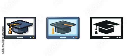 Three computer screens displaying graduation caps in various artistic styles