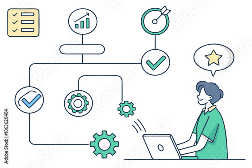 A person working on a laptop with a flowchart and gears nearby