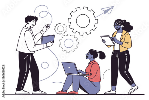 Three people working together with laptops and tablets in a modern office setting