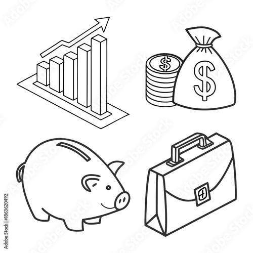 A black and white illustration of financial and business icons