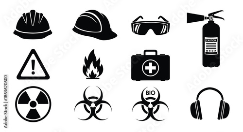 Safety equipment icons helmets goggles fire extinguishers and hazard warnings