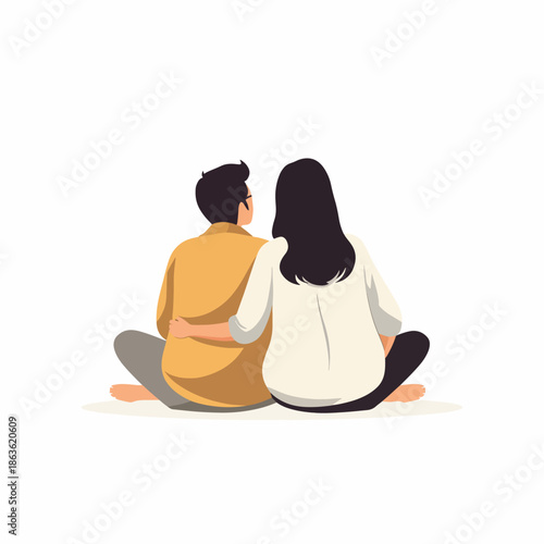 Illustration of a man and woman sitting comfortably together in a relaxing pose, engaging in a comfort ritual on a clean white background.
