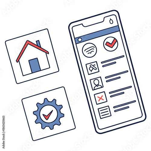 A smartphone with a checklist on the screen next to a house and gear icons
