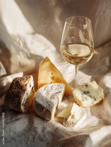 Savoring a curated selection of soft and hard cheeses alongside a glass of white wine Generative AI © Maksim Shebeko