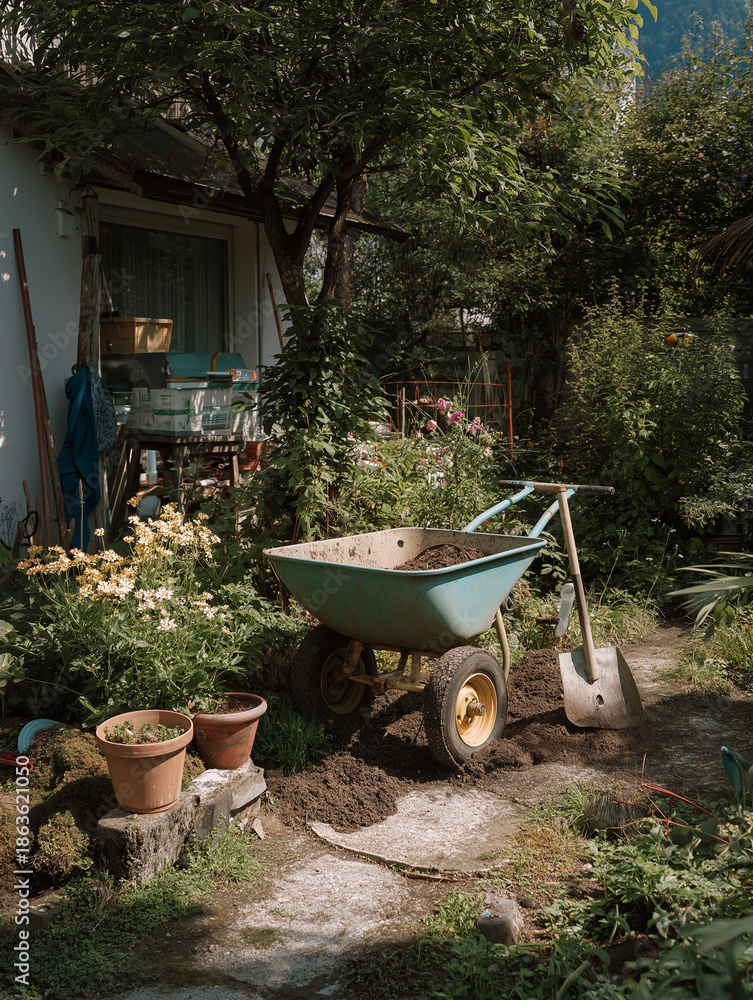 Fototapeta premium A wheelbarrow on a stone path, surrounded by vibrant plants and blooming flowers Generative AI