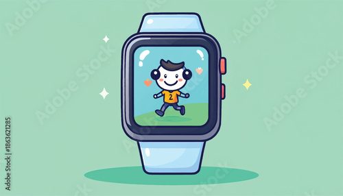 Cartoon character running on a smartwatch screen, promoting fitness and technology.