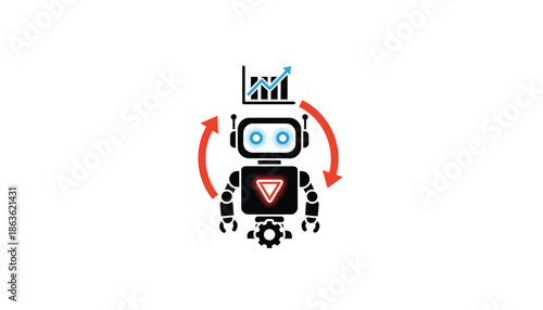 Robot Analyzing Bar Chart with Red Arrows