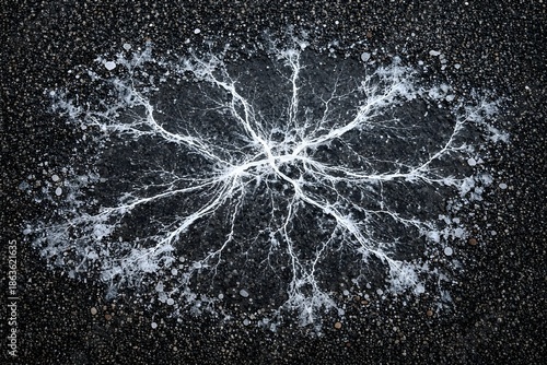 Frozen Puddle Cracks with Intricate Patterns and Ice Formations on a Winter Surface