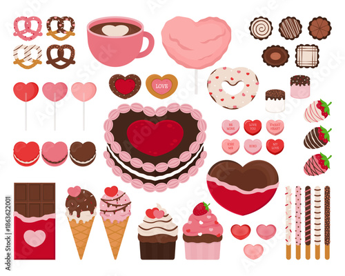 Cute Love Sweets and Treats clip art set for Valentine’s Day featuring heart-shaped desserts and chocolate sweets. Perfect for cards, stickers, packaging, social media, and romantic designs.