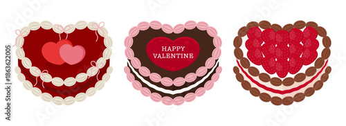 Valentine heart-shaped cake clip art set including red velvet, chocolate, and vanilla strawberry cakes with cream decorations. Perfect for Valentine’s cards, bakery ads, packaging, stickers, and roman