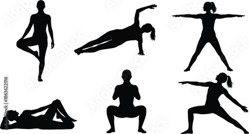 Yoga and fitness silhouettes set showing women performing balance, strength, and stretching exercises, bodyweight workout poses isolated on white background, wellness and training concept