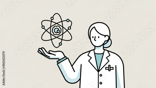 Female Scientist Holding Atom Symbol in Hand, Simple Line Art Illustration