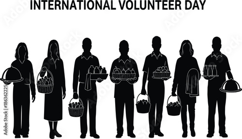 International Volunteer Day silhouette illustration of diverse people providing food donations, community service, charity support, and humanitarian aid