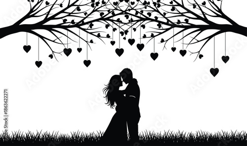 Romantic couple kissing under heart hanging tree silhouette, love nature scene for Valentine’s Day, wedding romance illustration, black white vector