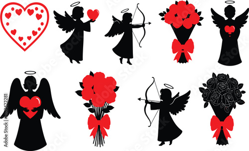 Valentine love icon set with angels, cupid archers, hearts and rose bouquets, romantic red and black silhouette illustrations