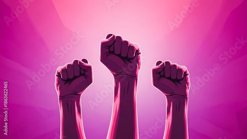 Three fists raised in solidarity with a vibrant pink background