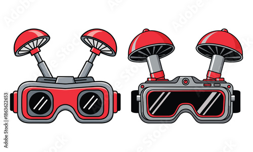 Futuristic virtual reality goggles with mushroom-shaped joysticks, representing a unique drone technology icons set