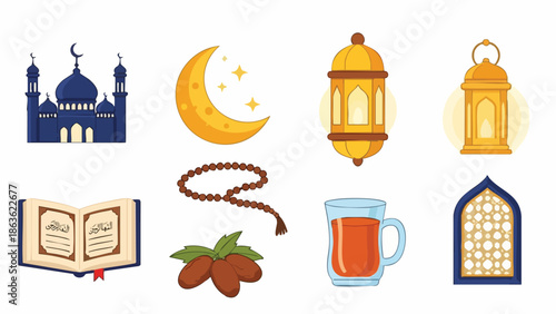 Flat lay of various Ramadan symbols and icons on a white background, including a mosque, crescent moon, lanterns, prayer beads, Quran, dates, and tea.