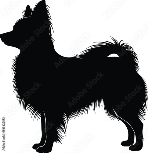 Fluffy dog silhouette standing in profile, elegant long fur canine illustration isolated on white background, pet animal concept, black vector style, minimal design