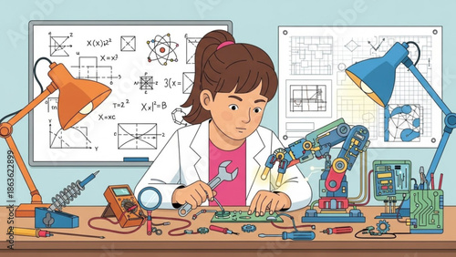 Young Girl Scientist Building Robot in Laboratory Desk with Technical Diagrams