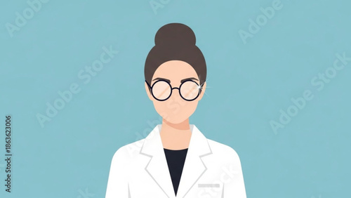 Female Doctor or Scientist Wearing White Lab Coat and Glasses on Blue Background