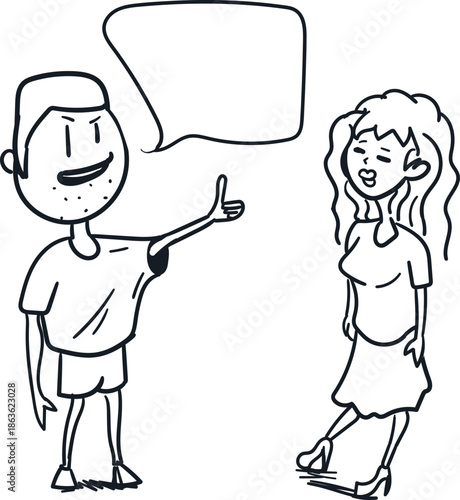 A boy gives his girlfriend or beloved woman a thumbs up. He says something to her.