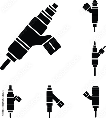 Professional fuel injector nozzles icons set silhouette for automotive engine maintenance repair service spare parts industrial equipment isolated on white background vector.