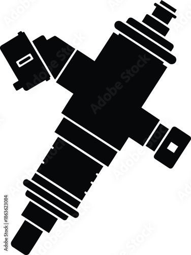 Professional gasoline fuel injector icon silhouette for automotive engine maintenance spare parts industrial hardware equipment isolated on white background vector illustration.