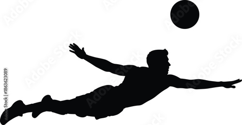 Goalkeeper silhouette diving to catch football, dramatic soccer action pose illustration isolated on white background, sports competition, athletic skill, teamwork and energy concept