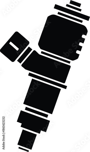 Professional fuel injector nozzle icon silhouette for automotive engine maintenance spare parts industrial hardware equipment isolated on white background vector illustration.