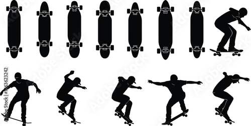 Skateboard silhouettes set with decks and skaters performing tricks, extreme street sport illustration isolated on white background, urban youth culture, action and motion concept