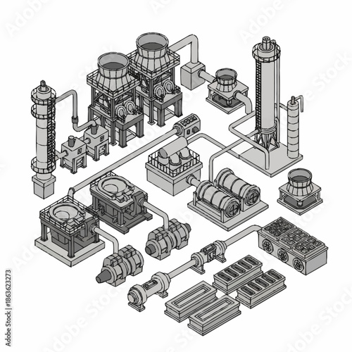 Isometric industrial plant layout with various machinery and interconnected pipes.