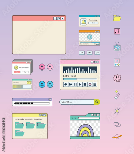 Vaporwave desktop. Large set of retro browser and dialog window templates. 80s and 90s computer user interface. Old retro PC in Y2K style. Nostalgic retro operating system. Vector illustration.