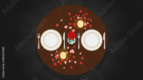 Romantic Dinner Table Setting with Flowers and Candles on Brown Tablecloth