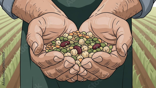 Farmers hands holding a mix of seeds representing agriculture and organic farming for concepts of growth and harvest