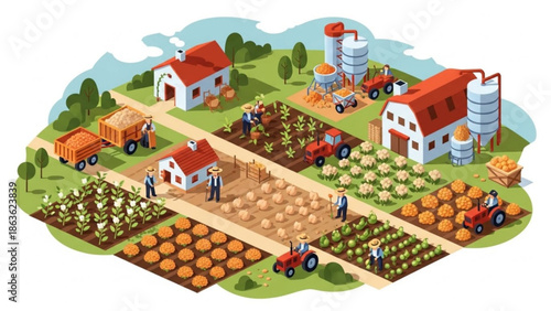 Isometric farm landscape with crops tractors and farm buildings representing agriculture and rural life for web design