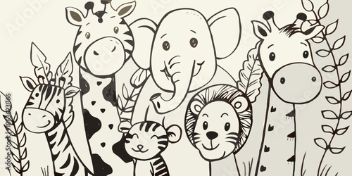 A charming sketch of adorable jungle animals gathered closely together