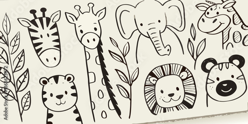 Whimsical black and white animal illustrations with leafy botanical elements