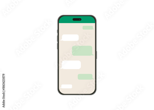 Chatting on a smartphone. Send or receive SMS using a mobile app. Speech bubble message displayed on a phone screen.