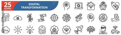 Digital Transformation line editable icon set. Contain icons related to transformation, technology, innovation, automation, cloud, datum, ai, software