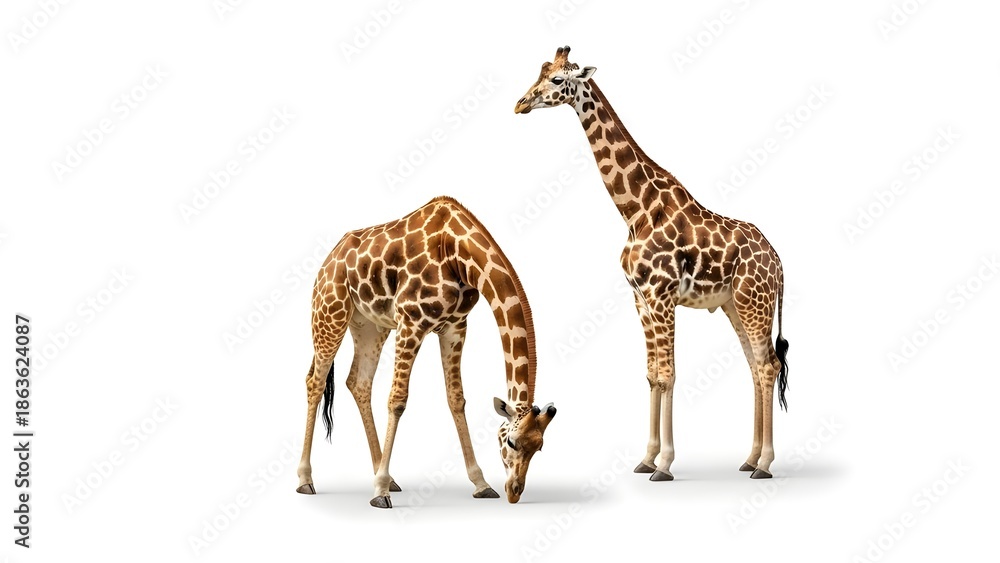 Naklejka premium Jirafa con cabeza larga mira al revés sobre blanco