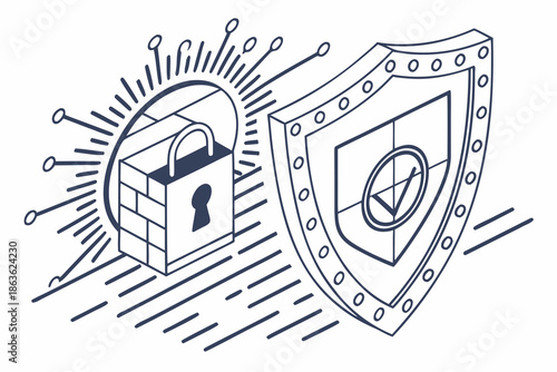 A shield and lock protect against cyber threats and malware attacks