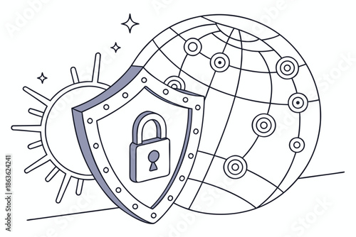 A shield with a lock protects a globe from the sun's rays