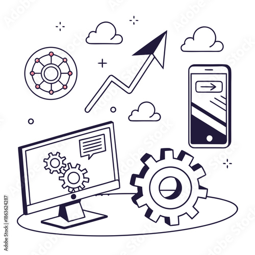 A vector graphic illustration of business and technology icons in a flat design style