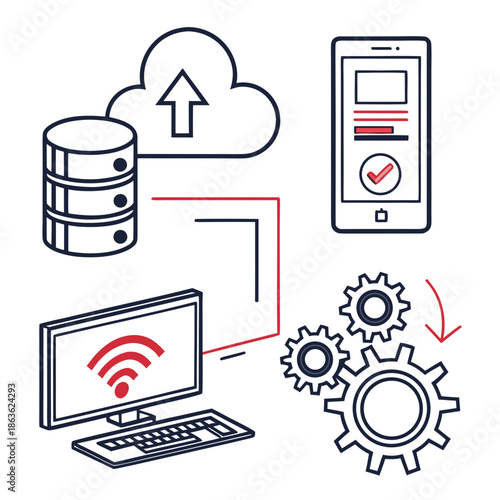 A vector graphic illustration of business and technology icons in a flat design style