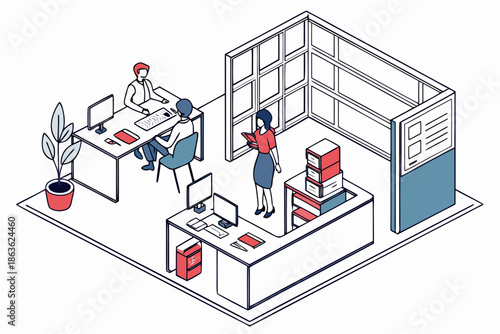An isometric illustration of people working in a modern office space
