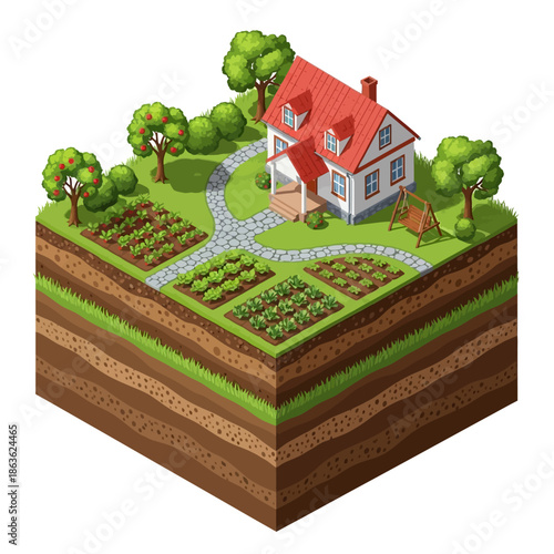 Isometric view of a charming house with a garden and cutaway soil layers