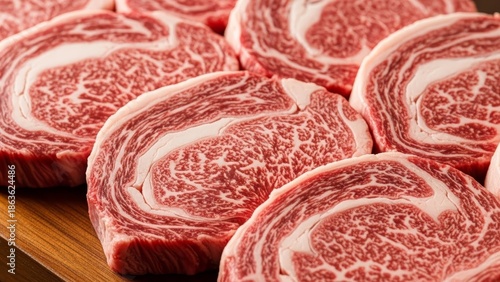 Premium wagyu beef ribeye steaks raw marbled meat cuts on wooden cutting board butcher shop quality